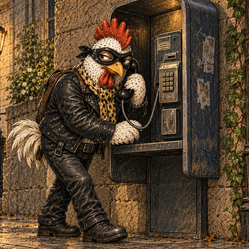 chicken using payphone on a city street at dusk