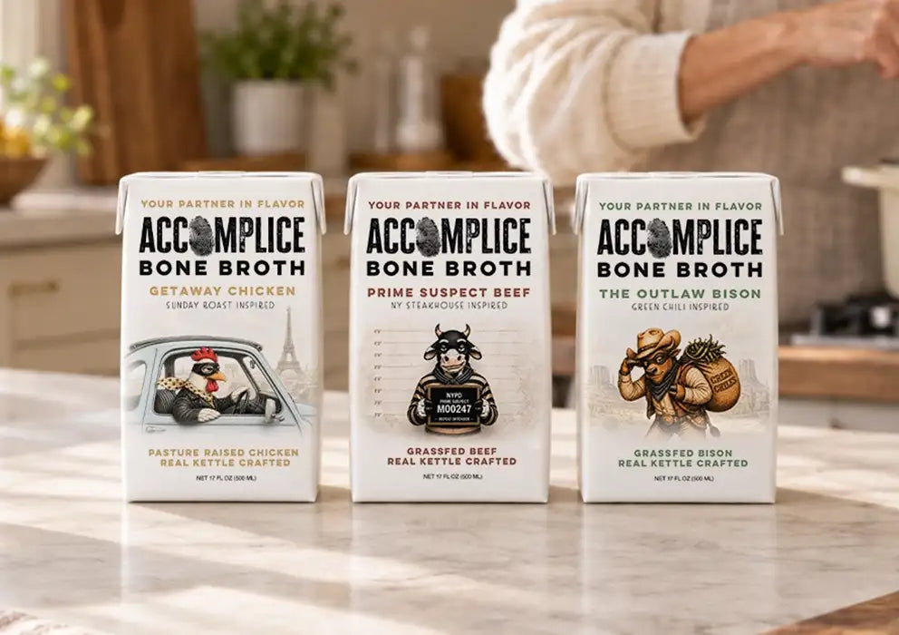 full set of accomplice bone broth boxes on kitchen counter