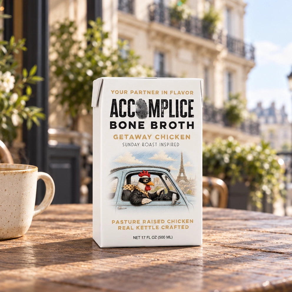accomplice bone broth getaway chicken on table outside