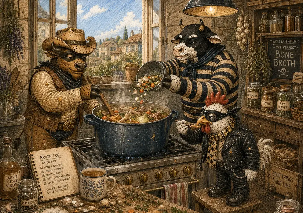 accomplice bison, chicken, and cow cooking bone broth together in a rustic kitchen scene