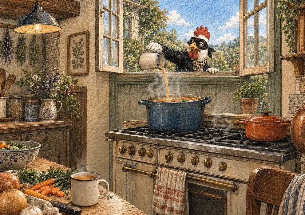 accomplice chicken pouring bone broth through kitchen window into pot on stove
