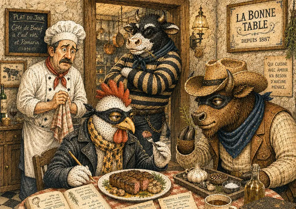 accomplice cow, chicken, and bison reviewing steak dish in rustic restaurant with a nervous chef in the background