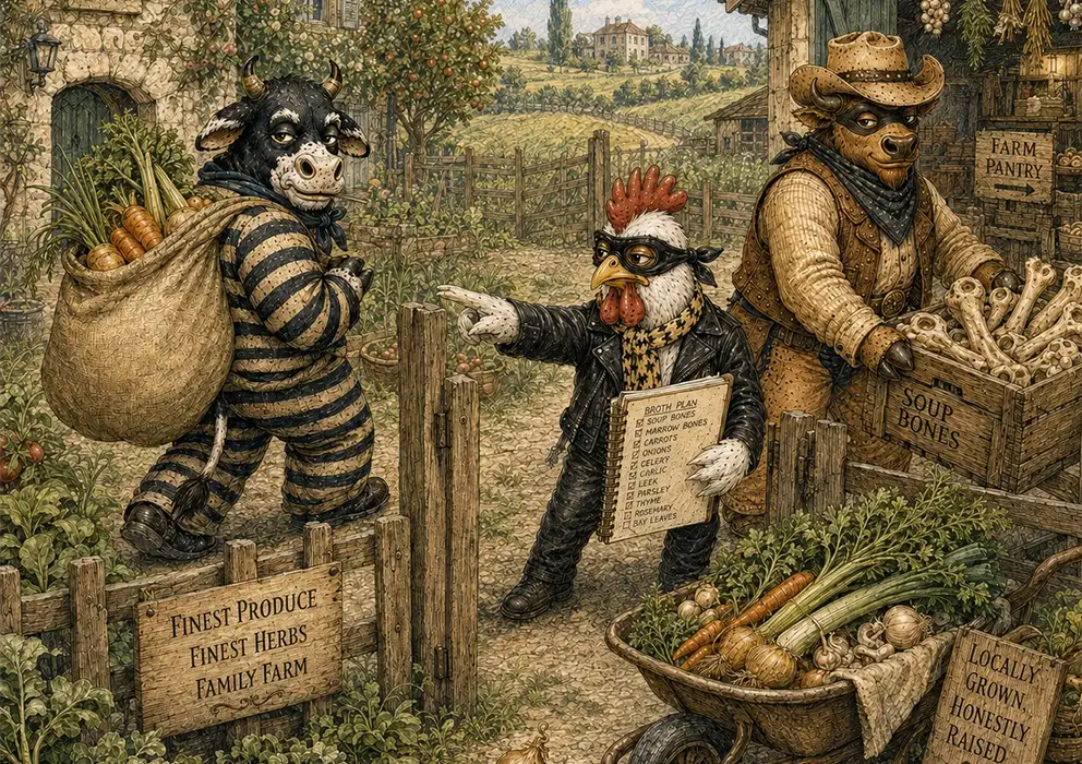 accomplice team stealing ingredients for bone broth on a family farm