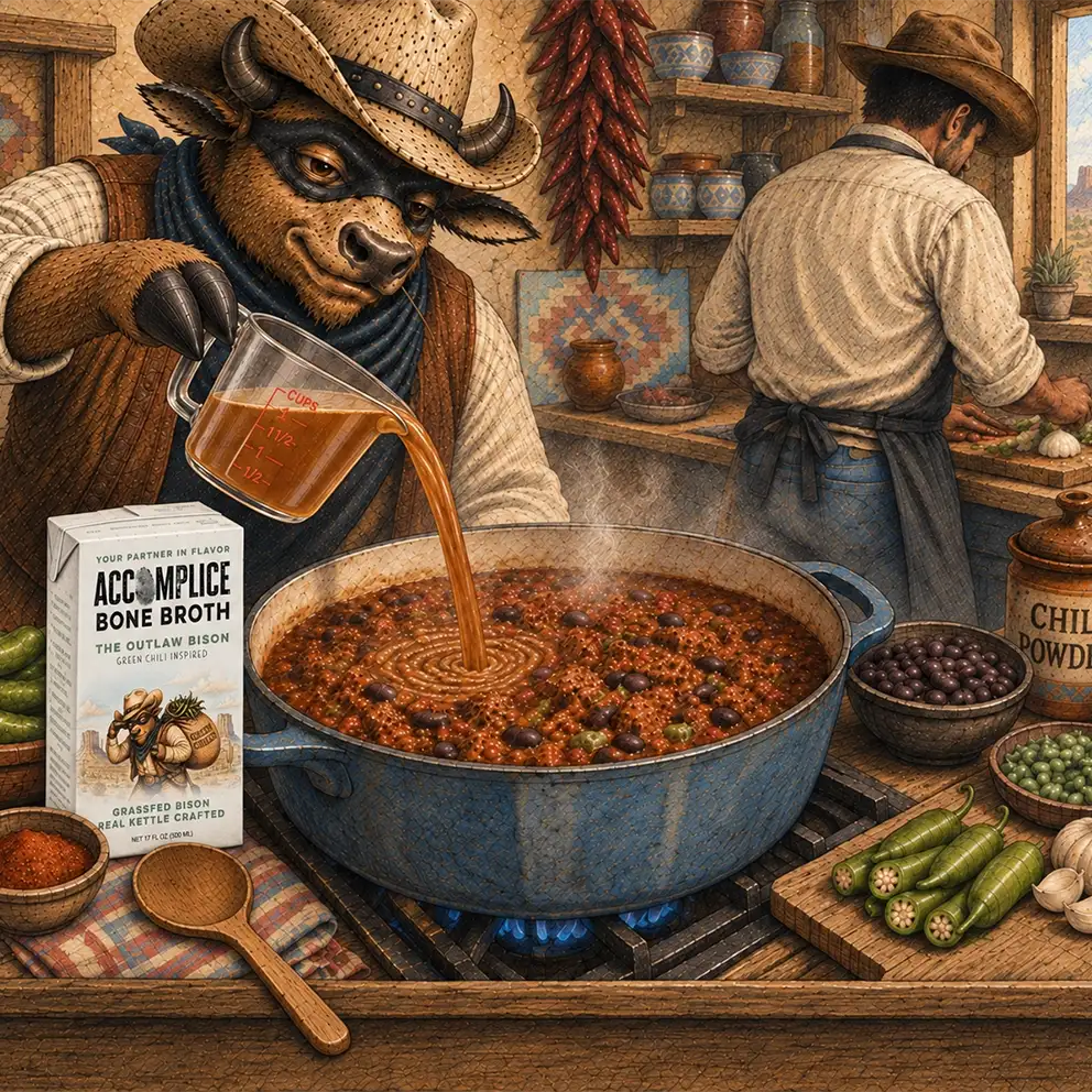 bison pouring accomplice bone broth into chili cooking in pot on kitchen stove