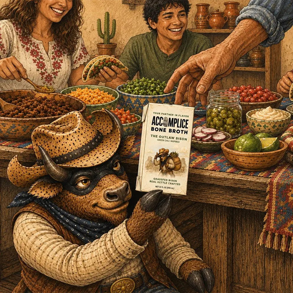 bison sneaking accomplice bone to family during taco night at home