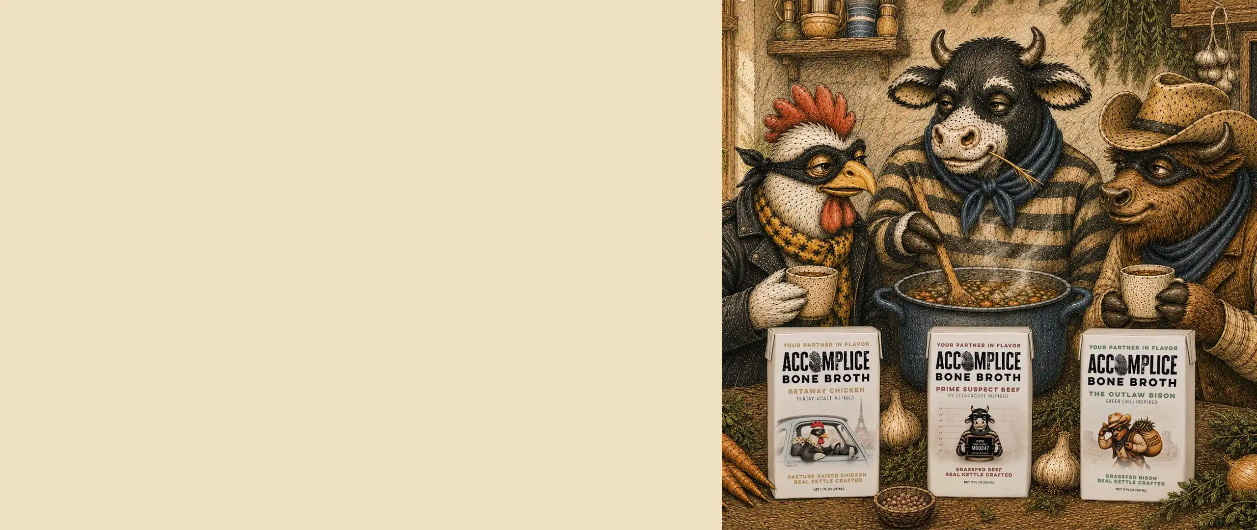 chicken, cow, and bison happily cooking and sipping on accomplice bone broth in the kitchen together