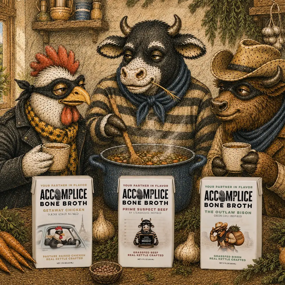 chicken, cow, and bison happily cooking and sipping on accomplice bone broth in the kitchen together