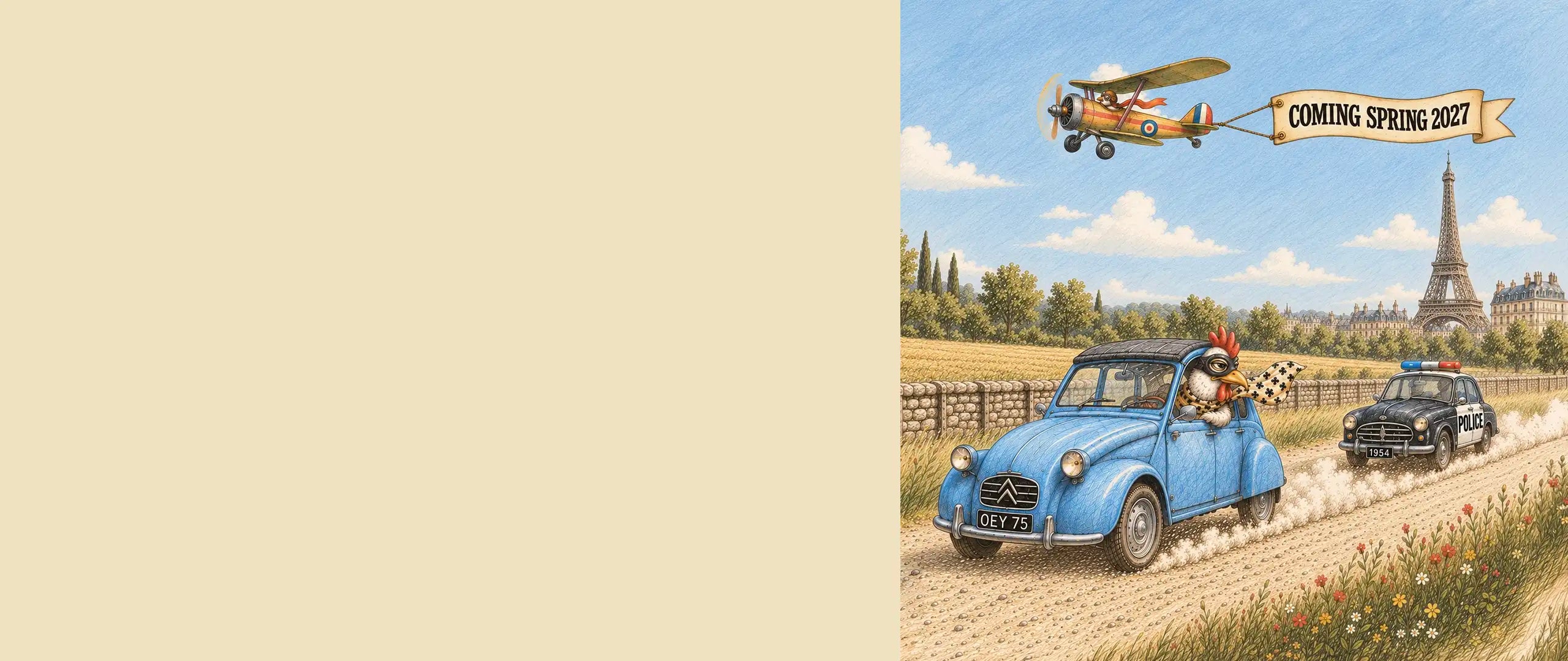 chicken driving blue car with police chasing behind; jet in sky with banner that reads "coming spring 2027"