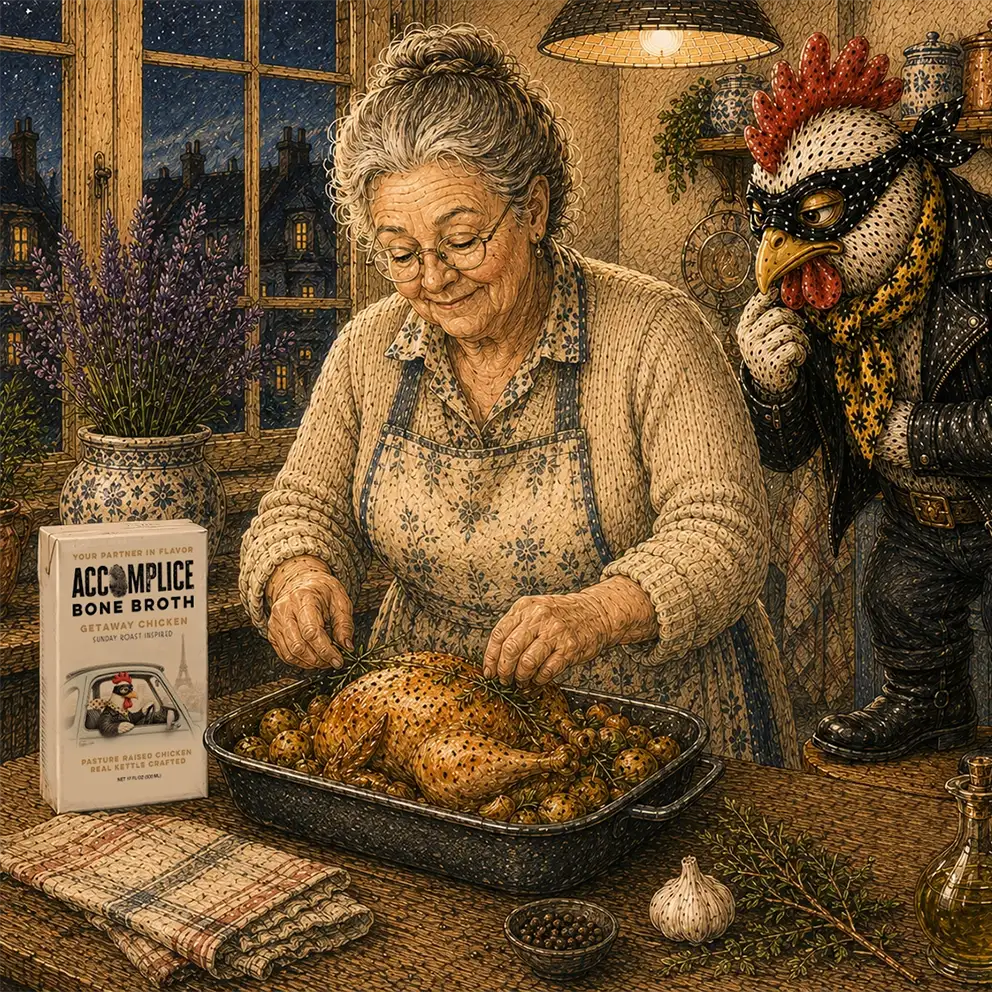 chicken helping an older woman prepare dinner in the kitchen