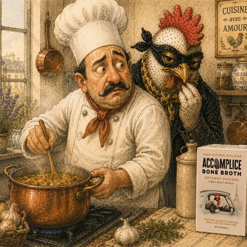 chicken helping chef cook soup in a rustic restaurant kitchen