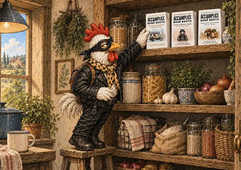 chicken stepping on stool to reach for accomplice bone broth on shelf in kitchen