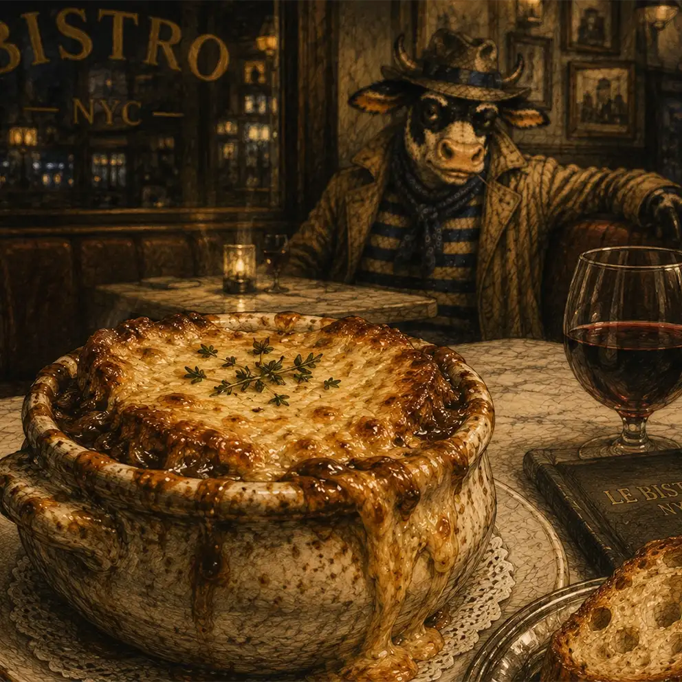 close up of french onion soup dinner on restaurant table