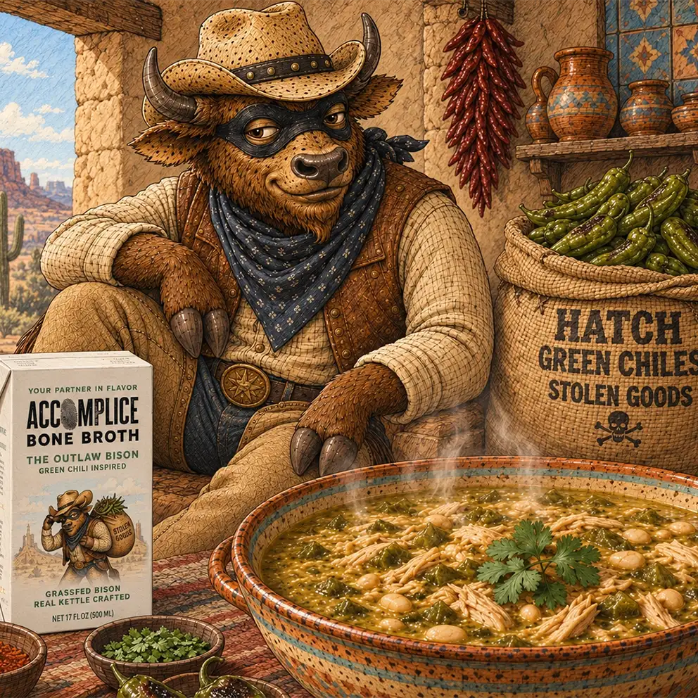close up of steaming southwest soup with green chiles and bison in background