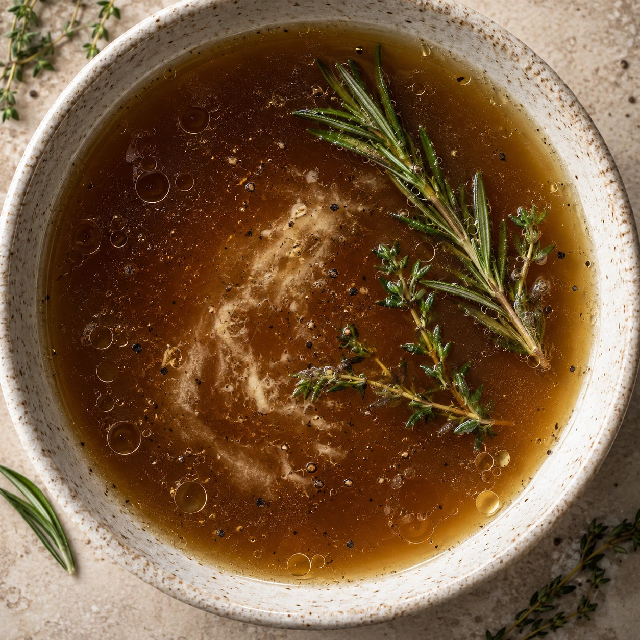 close up shot of beef bone broth in ceramic bowl
