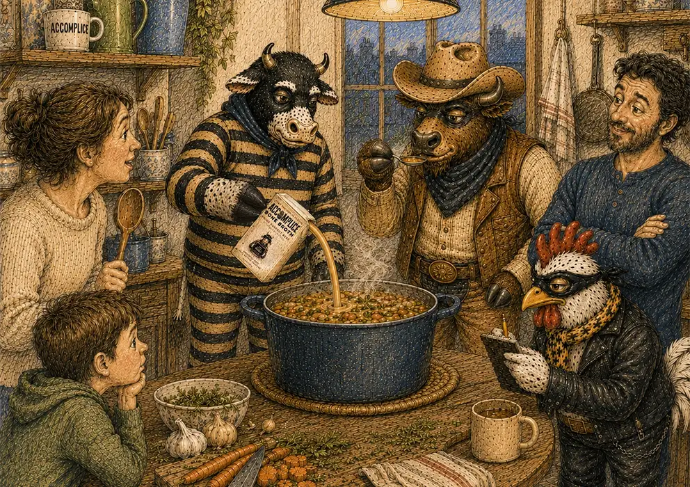cow, chicken, and bison adding accomplice bone broth into stew with family in kitchen at night