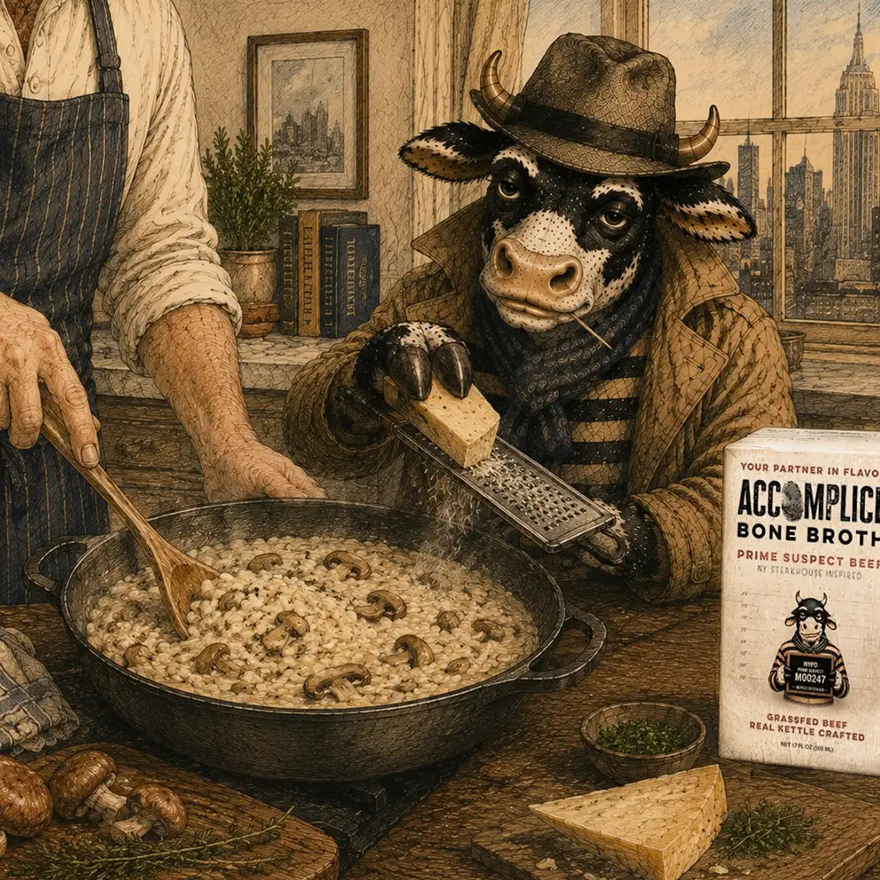cow helping person cook risotto in rustic kitchen
