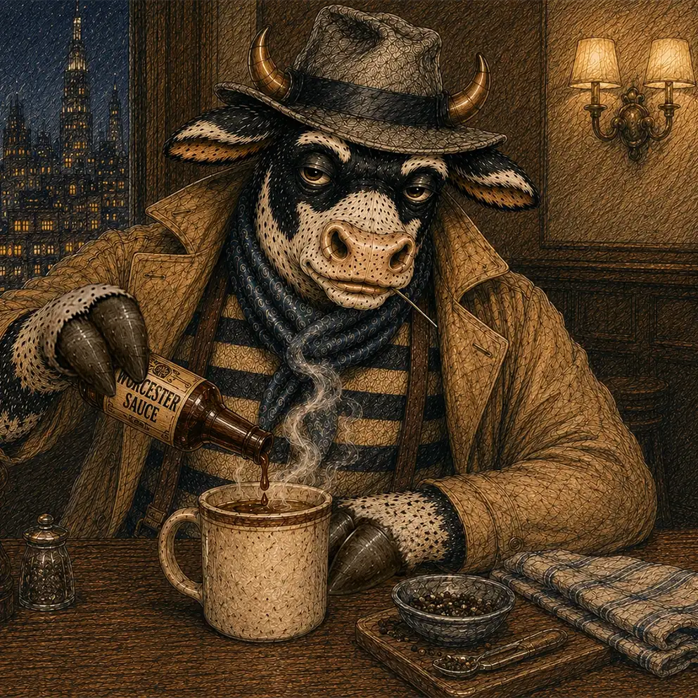 cow pouring worcester sauce into bone broth mug at nighttime