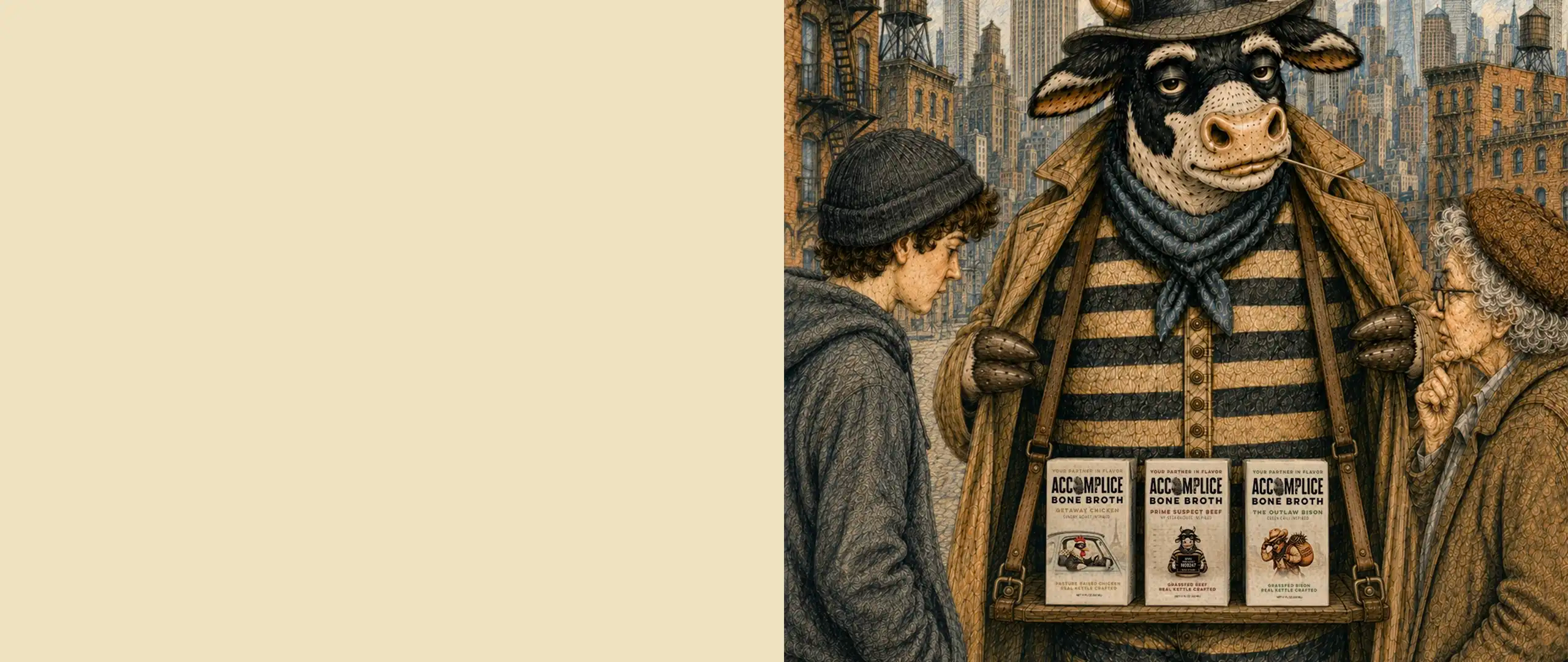 cow on city street selling accomplice bone broth through his trenchcoat to a young boy and older woman