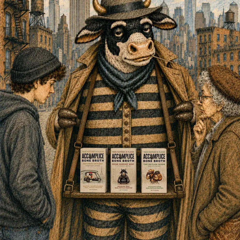 cow on city street selling accomplice bone broth through his trenchcoat to a young boy and older woman