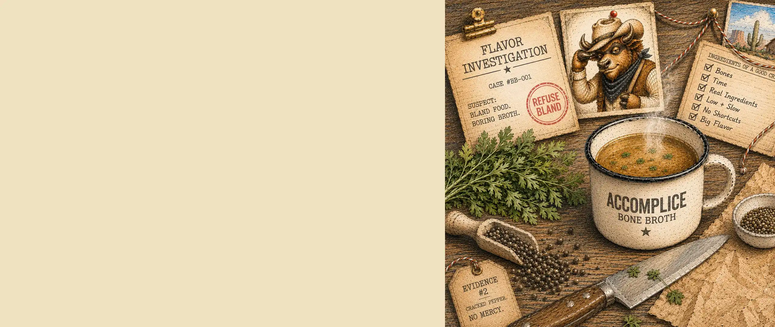 rustic flavor investigation with steaming mug of accomplice bone broth in detective themed table arrangement with ingredients