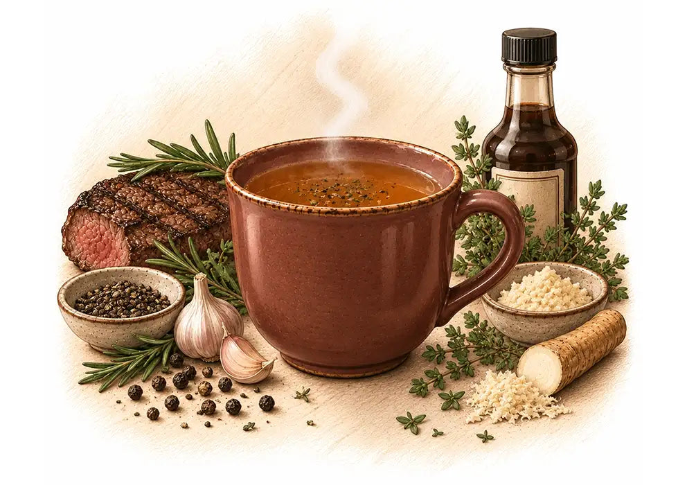 illustration of steaming beef-flavored bone broth in mug surrounded by steak and worcestershire
