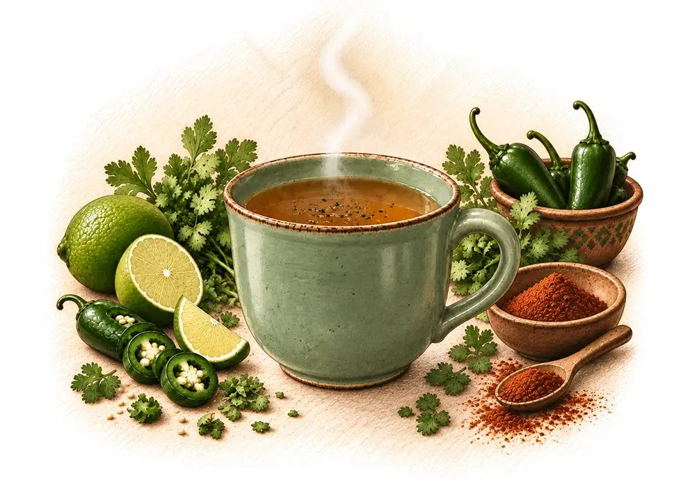 illustration of steaming bison-flavored bone broth in mug surrounded by green chile peppers and lime