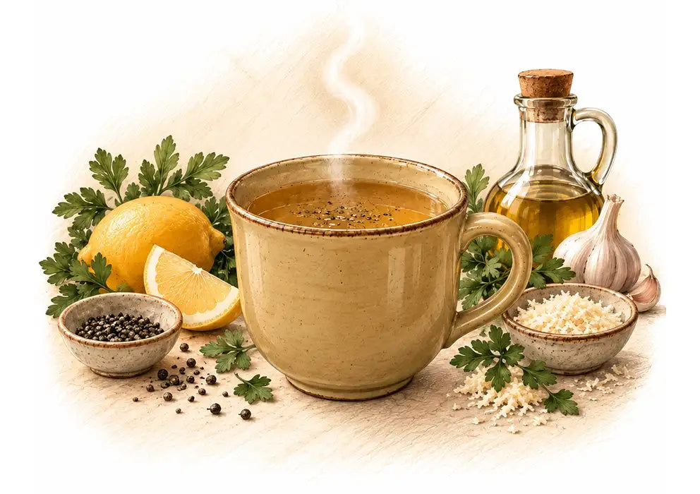 illustration of steaming chicken-flavored bone broth in mug surrounded by lemons and pepper