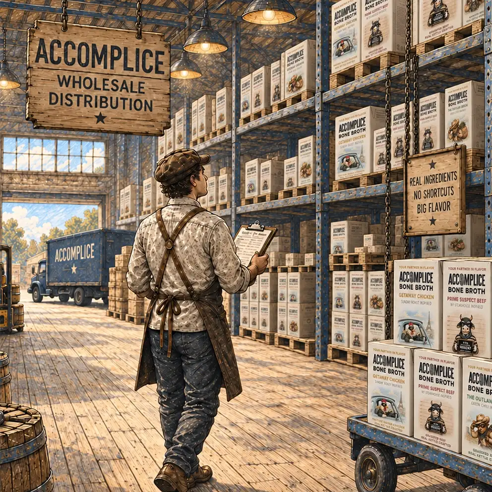 interior of accomplice wholesale distribution warehouse with worker checking storage
