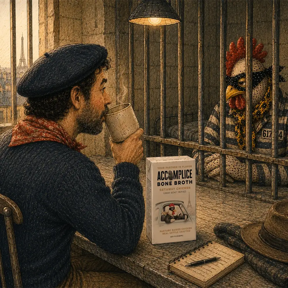 investigator sipping accomplice bone broth while interrogating chicken behind bars