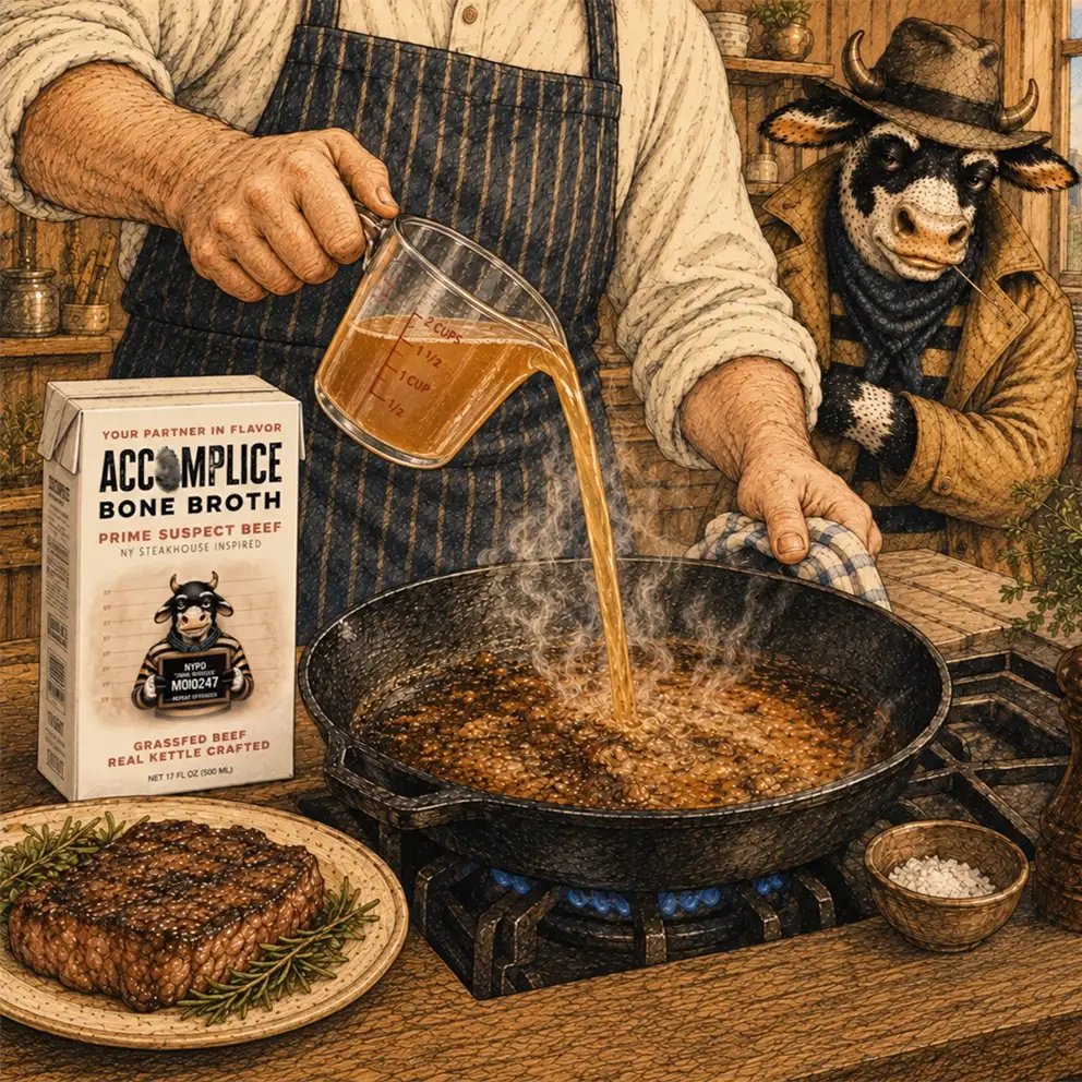 man cooking pan sauce with accomplice bone broth with cow in the kitchen