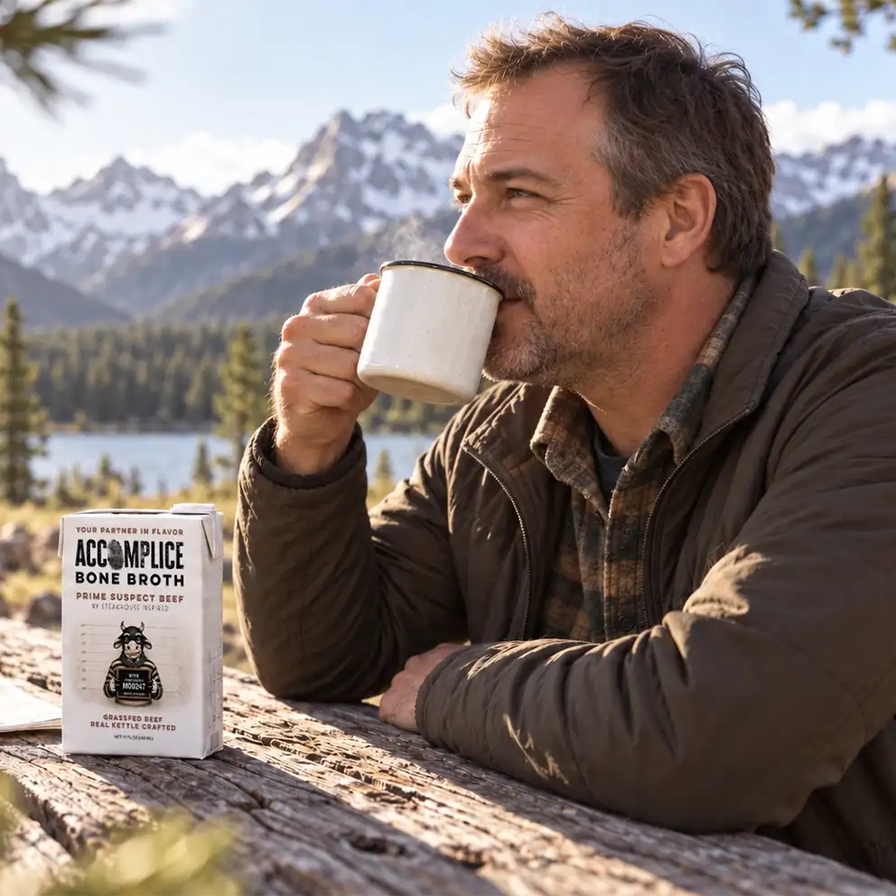 man sitting at wooden bench outdoors sipping accomplice bone broth from mug