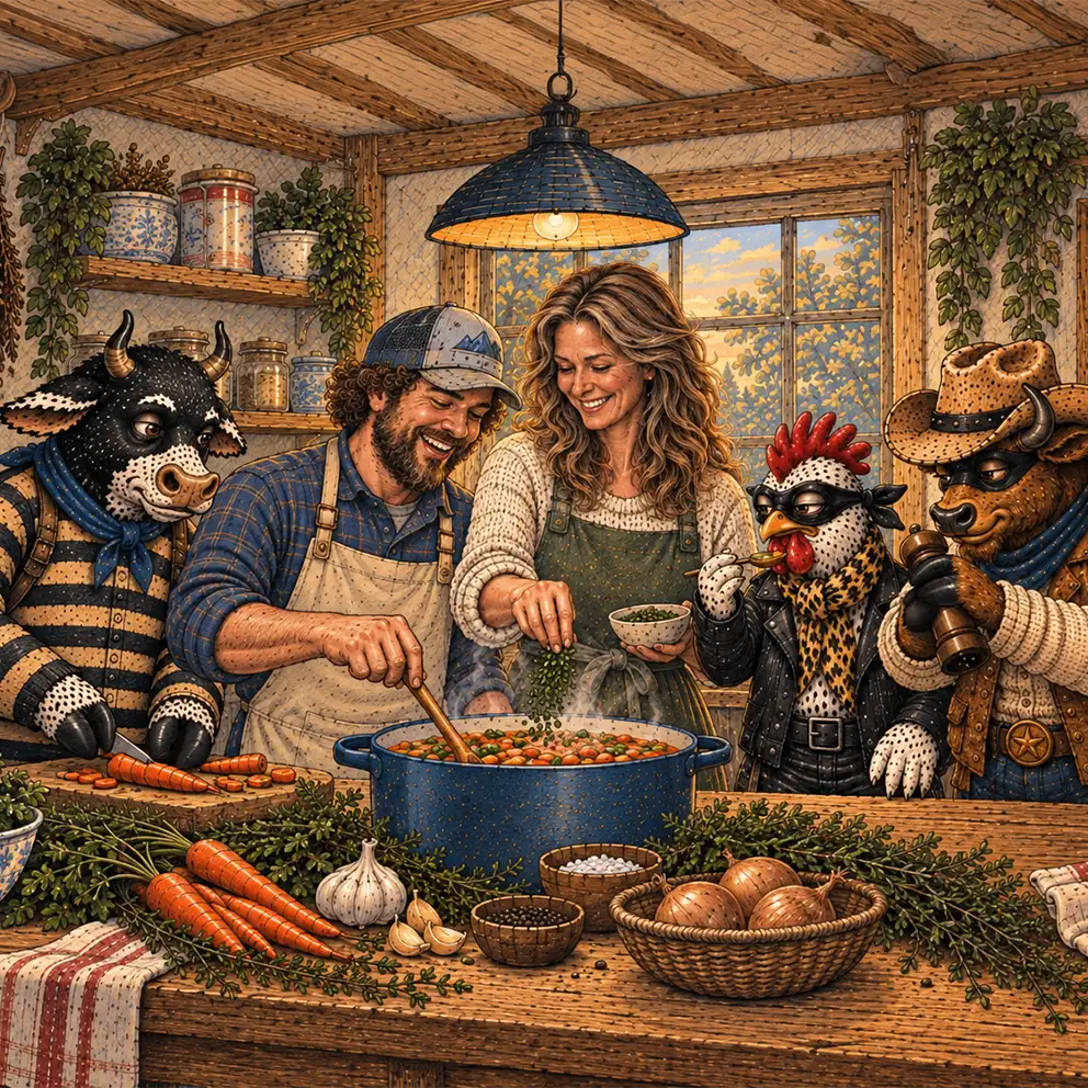 a warm illustrated kitchen scene with the accomplice team cooking bone broth