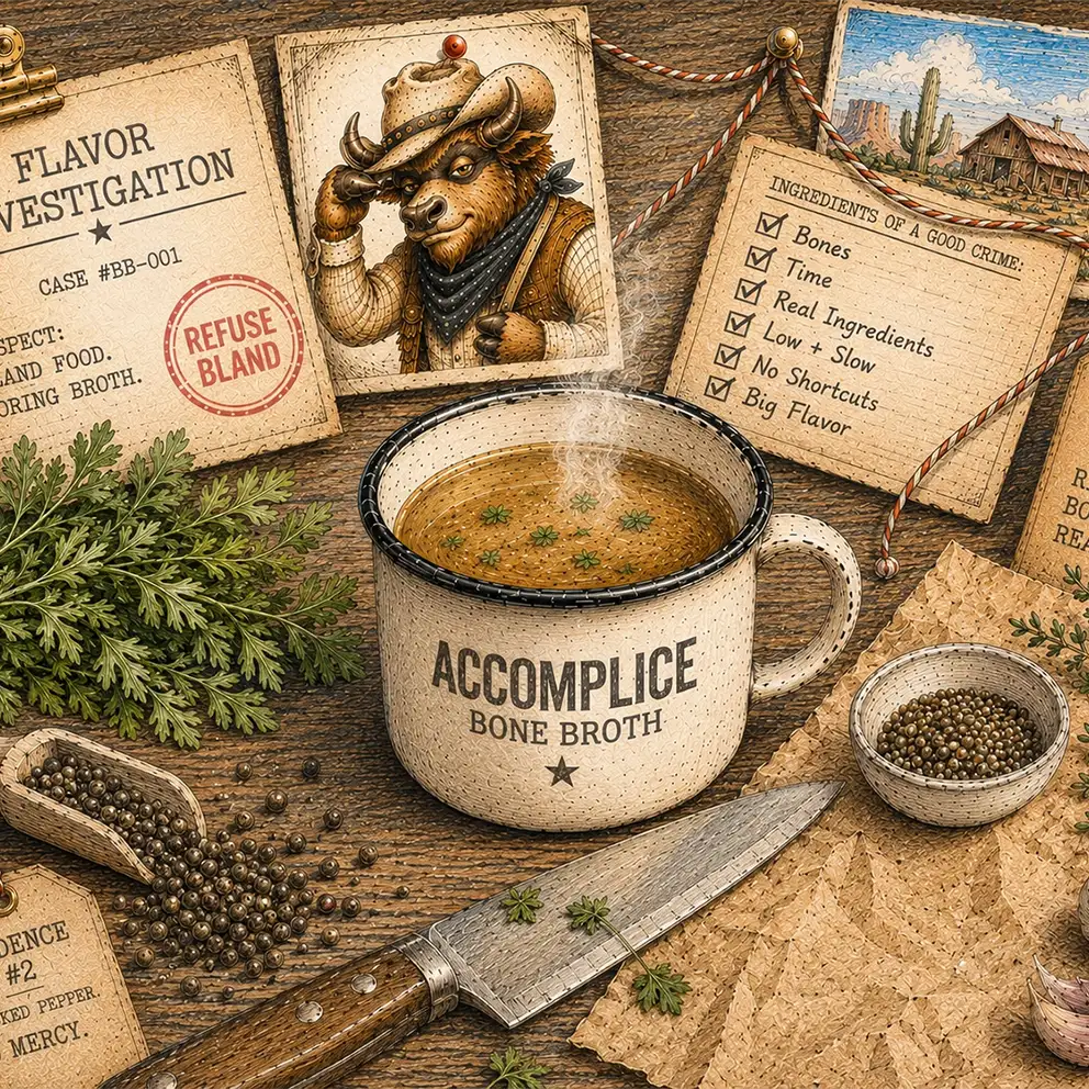 steaming mug with accomplice bone broth on detective-themed table arrangement with ingredients