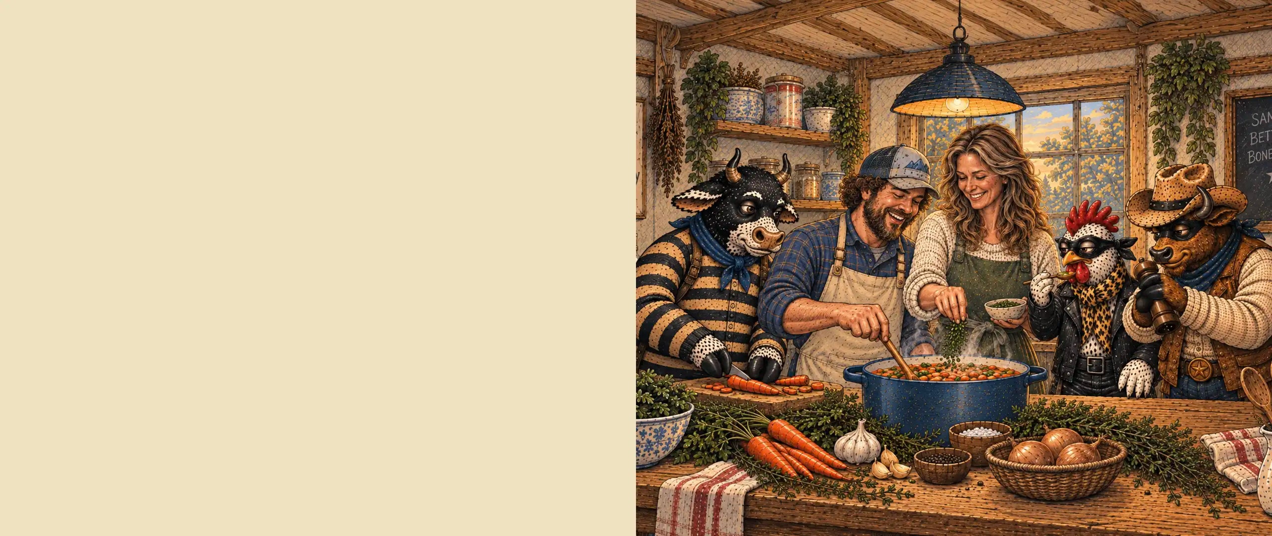 a warm illustrated kitchen scene with the accomplice team cooking bone broth