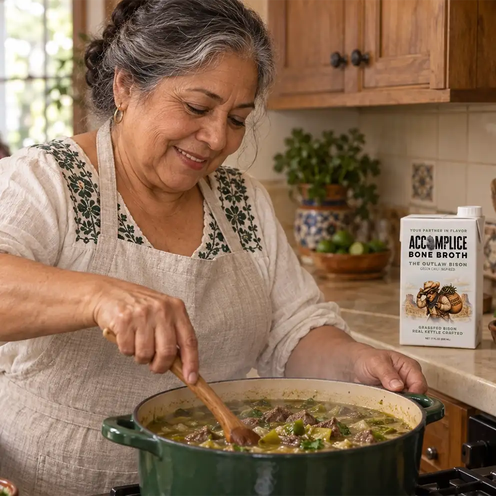 woman cooking with accomplice bison flavored bone broth at kitchen stove