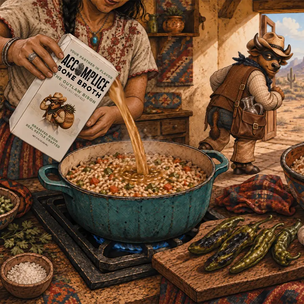 woman pouring accomplice bone broth in risotto pot while bison heads out the door