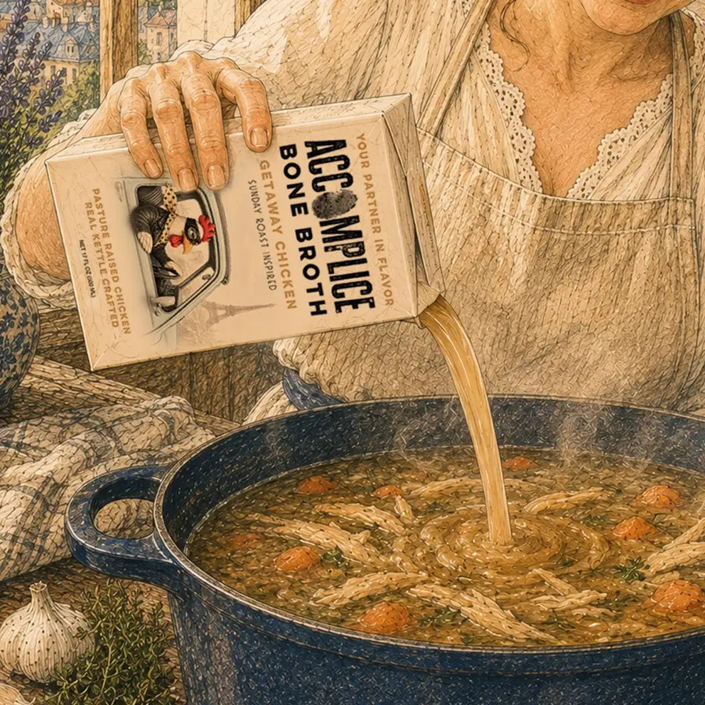 woman pouring accomplice bone broth into pot while cooking in kitchen