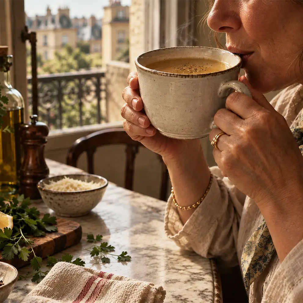 woman sipping chicken bone broth in a mug at her kitchen table by the window in the morning